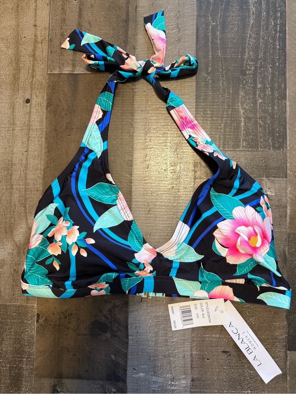 La Blanca Nightfall Bloom Black Floral Halter Bikini Top with Turquoise and Pink